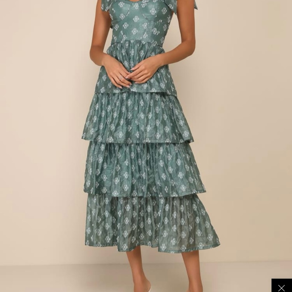 Lulu's Teal Floral Tiered Midi Dress